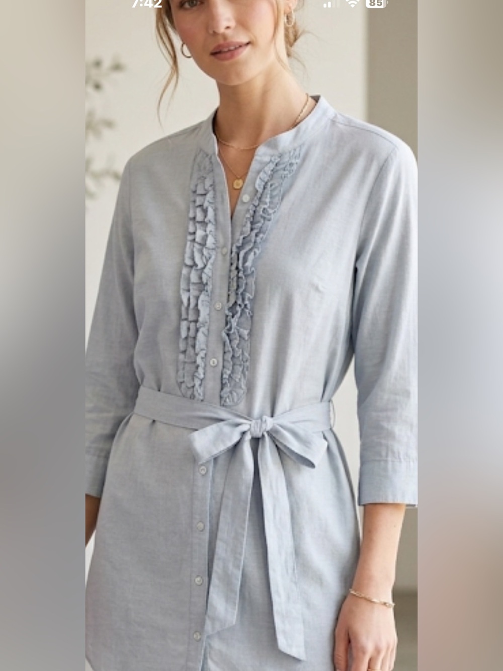 Ninety Light Blue Ruffle Tie Waist Button Front Tunic Top Sz XL